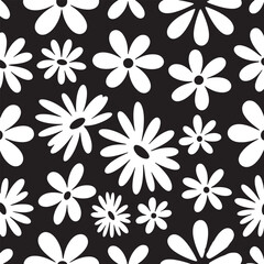 Groovy floral seamless pattern, spring flower background, funky daisy print, cute summer chamomile black and white textile. Abstract simple monochrome wallpaper. Vector illustration