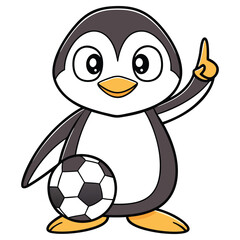 Cartoon Penguin Holding Soccer Ball, One Finger Raised on Transparent Background