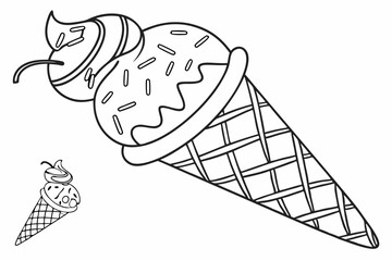 Coloring Pages, a yummy ice cream cone with sprinkles, colorless, uncolored, black and white
