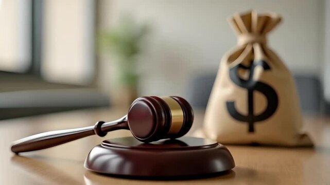 Judge's Gavel Next to a Bag with Dollar Symbol, Money and Justice, legal process, finance, law, decision, legal services, economy, corruption