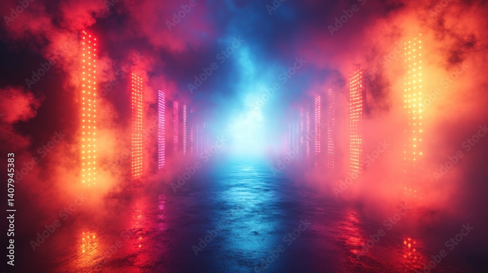 Poster futuristic abstract composition,intersecting rgb light beams creating prismatic patterns through fog cyberpunk aesthetic,stock image