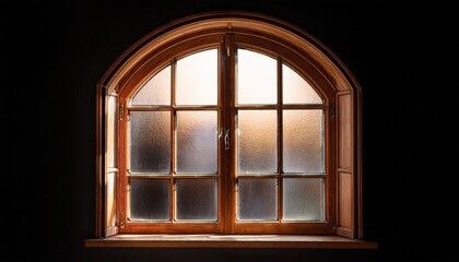 vintage wooden window with arch and glass panes warmly lit from within showcasing a rustic nostalgic charm against a dark background