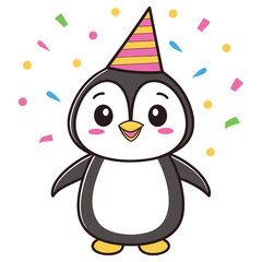 Cheerful Cartoon Penguin with Party Hat and Confetti on White Background