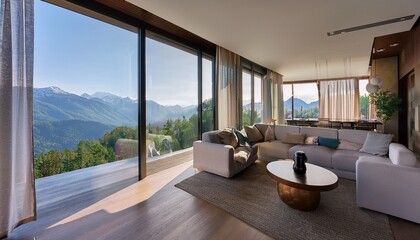 Fototapeta premium luxury living room with panoramic mountain views and modern interior design