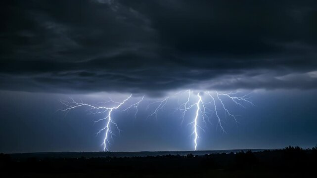 Forked Lightning Strikes Under Ominous Dark Clouds. Thunder Storm. Bolt.