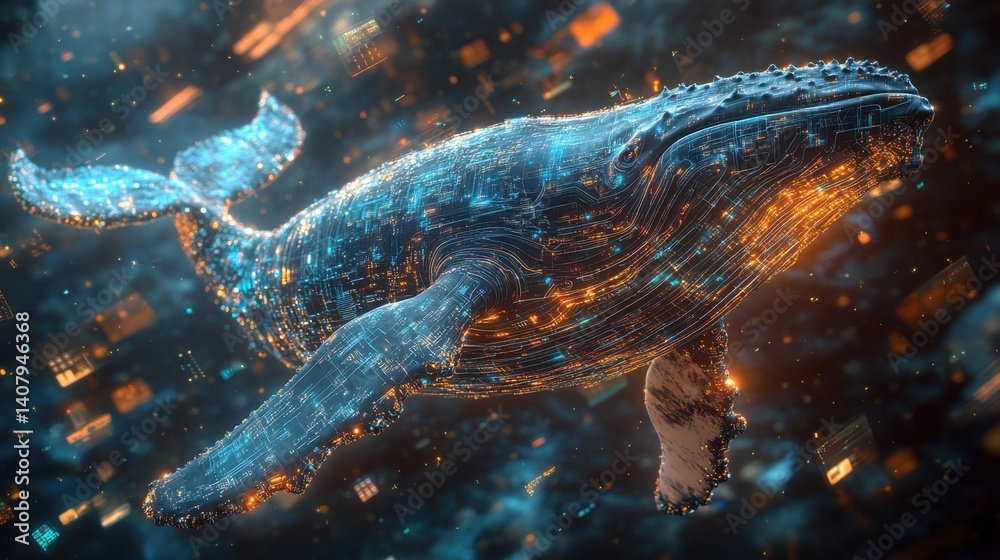 Fototapete futuristic blue humpback whale composed of digital circuit patterns,technology elements floating in 