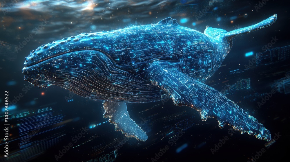 Leinwandbilder futuristic blue humpback whale composed of digital circuit patterns,technology elements floating in a cybernetic space,data visualization,financial charts background,stock photo