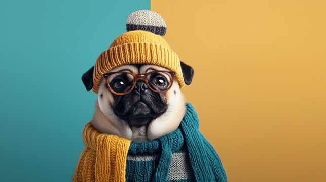 Pug dog in winter attire