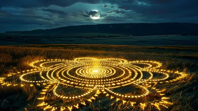 Cryptic crop circles in moonlit fields, geometric patterns etched in mysterious intent. Whispers of extraterrestrial visitors linger in the cool night air