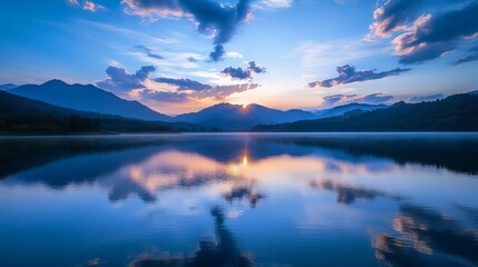 Calm lake reflecting mountains and sky with the sun just peaking over the mountain range at dusk time