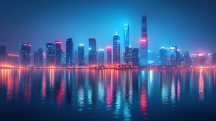 Fototapeta premium futuristic cityscape at night,a stunning skyline of illuminated modern skyscrapers,commercial buildings reflecting in the water glowing highway,infrastructure symbolize energy,photo stock