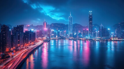 Fototapeta premium futuristic cityscape at night,a stunning skyline of illuminated modern skyscrapers,commercial buildings reflecting in the water glowing highway,infrastructure symbolize energy,stock image