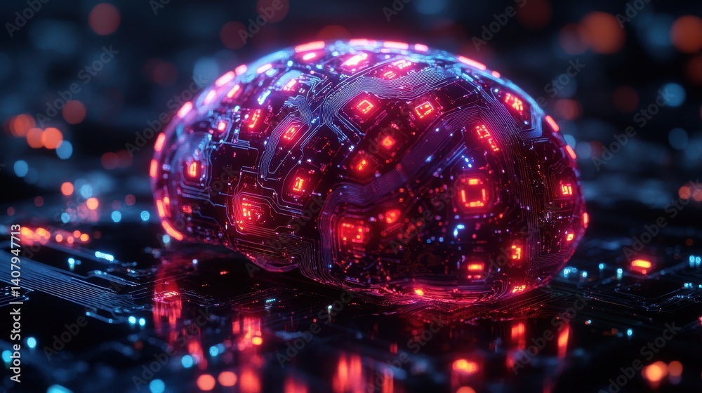 Poster futuristic electronic brain,glowing circuits isolated on transparent cutout background