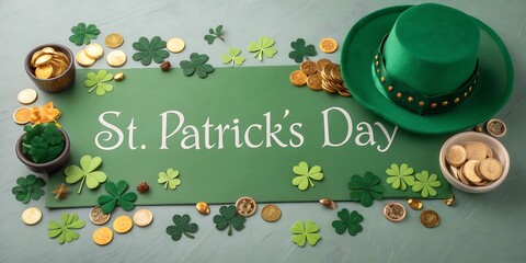 Fototapeta premium St. Patrick's Day banner with leprechaun hat, clover leaves and gold coins on green background with copy space