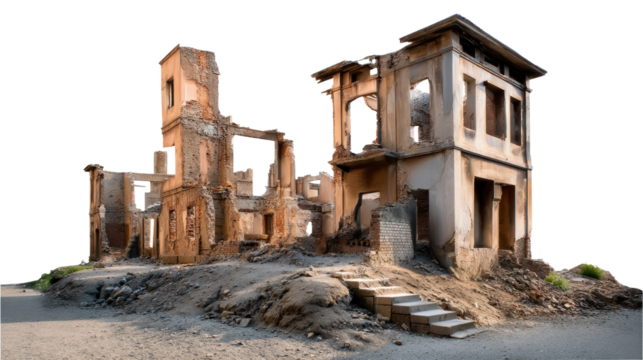 Ruins of an Old Mansion: A poignant look at a weathered mansion in disrepair, its structure revealing the passage of time. Evoking the solemn beauty of a once-grand structure.