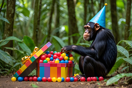 Schimpanse mit Partyhut spielt im Dschungel mit bunter Geschenkbox
