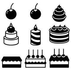 Black Birthday Cake Icons Set 9 Vector Silhouettes for Party & Celebration Design