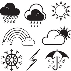 Fototapeta premium Weather Icon Set – Rain, Sun, Cloud, Rainbow, Snowflake, Lightning, Umbrella Symbols