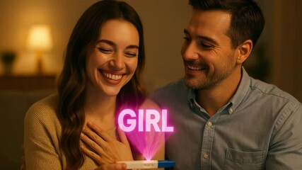 Joyful expectation couple celebrates baby girl announcement in cozy home environment