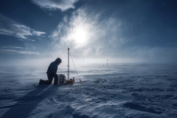 A polar researcher establishes an ice core drill on a windswept, frozen tundra under a muted, ambient light, documenting climate data in a desolate landscape.