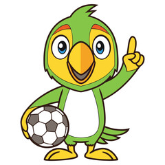 Cartoon Bird Mascot Holding Soccer Ball Pointing Up on Isolated White Background