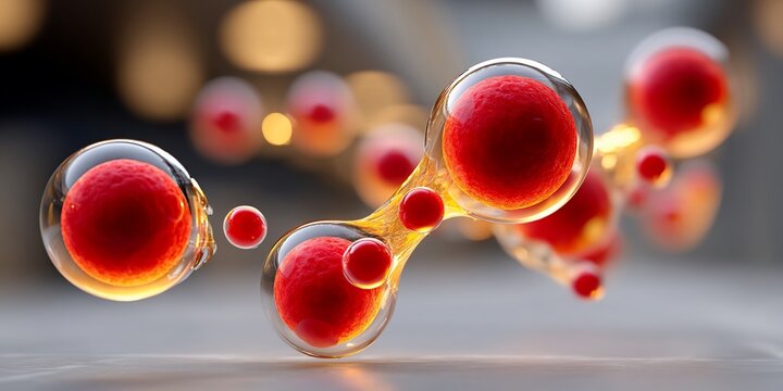 Abstract image of connected, red, spherical elements within clear capsules, glowing softly with bokeh