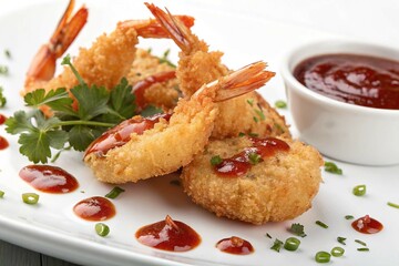Fried Shrimp with Sauce Isolated on White Background