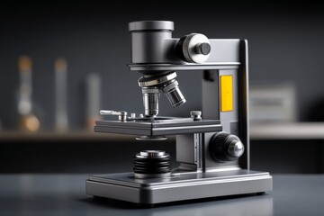 Modern microscope on laboratory table with blurred glassware in background