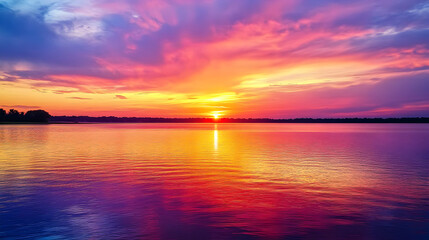 Naklejka premium over a calm lake with the sky transitioning from vibrant oranges and reds to soft purples, reflecting on the water’s surface 