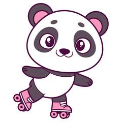 Obraz premium Cute Cartoon Panda Bear Roller Skating with Pink Rollers on Transparent Background