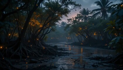 Enchanted Mangrove Forest at Twilight with Fireflies and Water Reflection