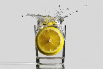 Fresh lemon slice drops into clear glass of water creating a splash in a studio setting