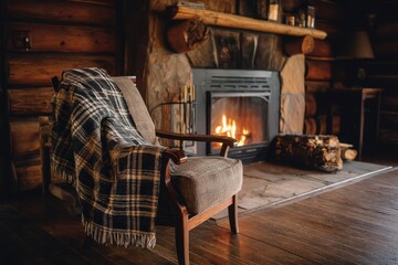 Cozy armchair with plaid blanket in warm cabin interior by the fireplace glowing in rustic charm