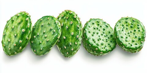 Fresh green cactus pads arranged in a row on a light background for culinary and decorative use