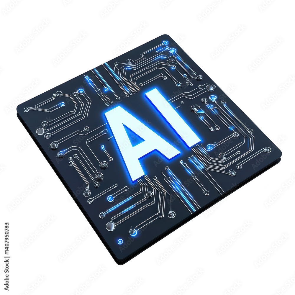 Poster glowing ai text is centered on black circuit board, symbolizing artificial intelligence technology. 