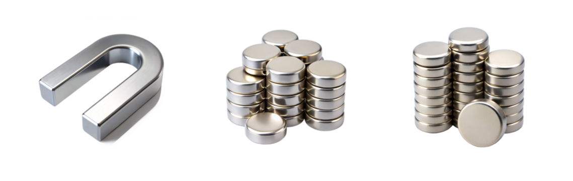 Presentation of metal magnets including stacked circular and a horseshoe shaped magnet transparent background Generative AI