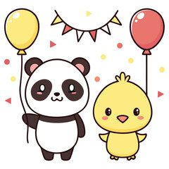 Cheerful Kawaii Panda and Chick Holding Balloons with Pennant on White Background