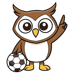 Animated Cartoon Owl with Football Pointing Upward on White Background