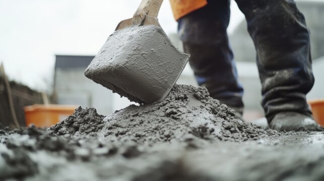 Construction worker mixing cement on a building site. Featuring teamwork and focus