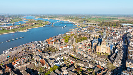 Aerial from the historical city Nijmegen with the Stevens church in the Netherlands