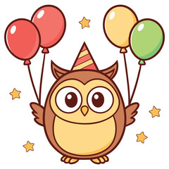 Cheerful Brown Owl Cartoon Wearing Party Hat with Balloons and Stars on White