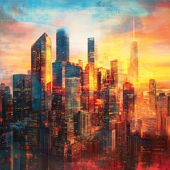 Obraz premium Skyscrapers lit with sunset behind city silhouette high resolution picture
