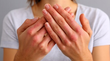 Close-up of woman's hands exhibiting skin irritation with redness on light skin
