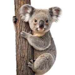 Fototapeta premium A koala clings to a tree trunk, displaying its fluffy ears and curious expression.