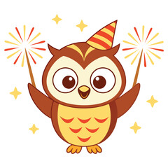 Celebrating Owl with Party Hat Holds Sparklers on Transparent Background