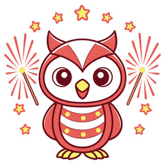 Cartoonish Owl with Festive Sparklers and Stars on a White Background