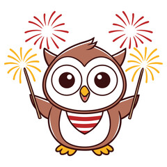 Cartoon Owl with Sparklers and Red Striped Chest on Transparent Background