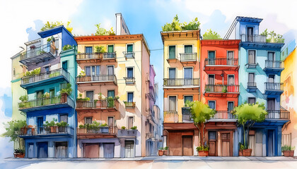 Fototapeta premium A watercolor rendering of a row of colorful, classic townhouses with balconies and foliage, in a loose, painterly style