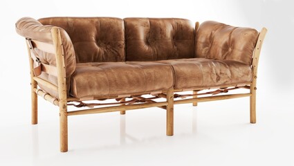 Brown leather sofa furniture, isolated on white background, 3d illustration