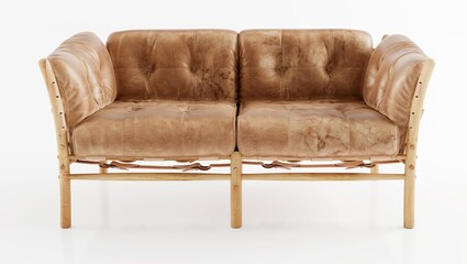 Brown leather sofa furniture, isolated on white background, 3d illustration